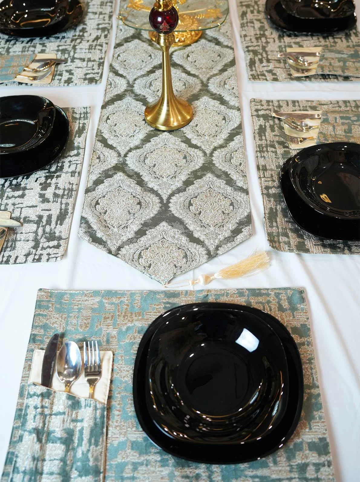 Misty Grey Damask Table Runner