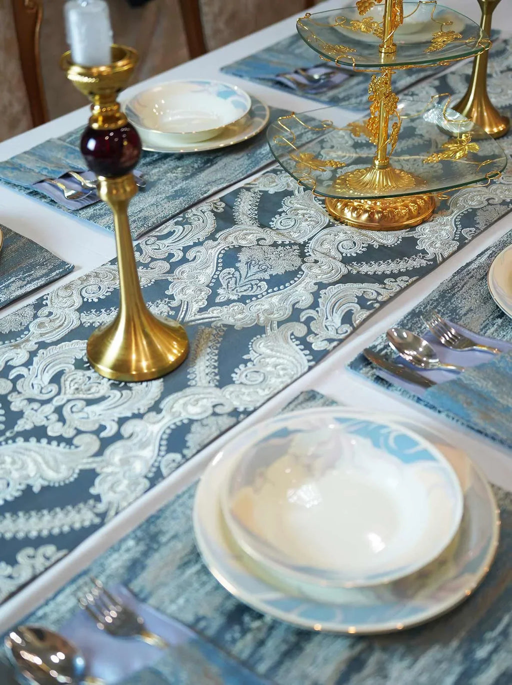 Crown Damask Blue Table Runner Set