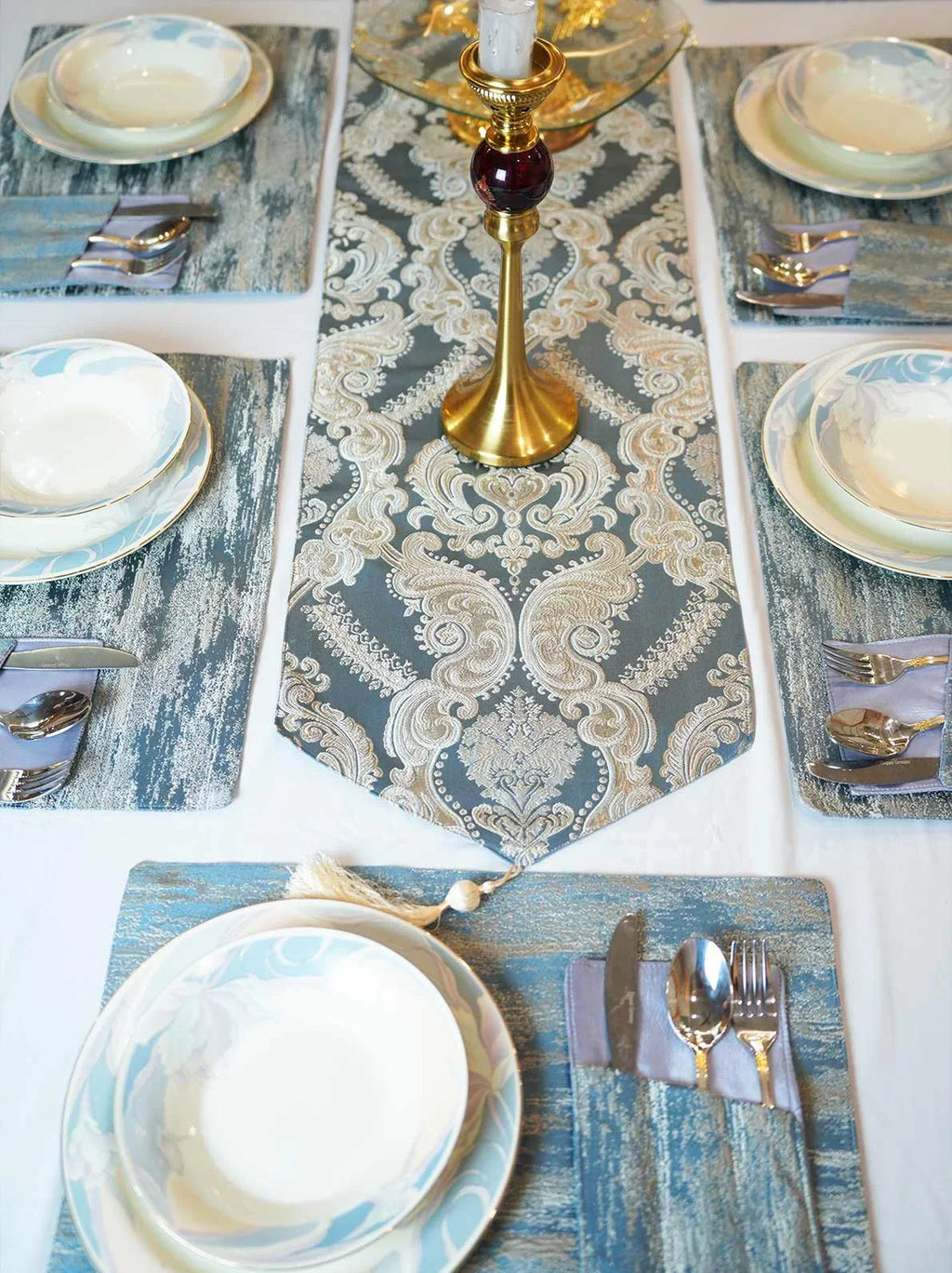 Crown Damask Blue Table Runner Set