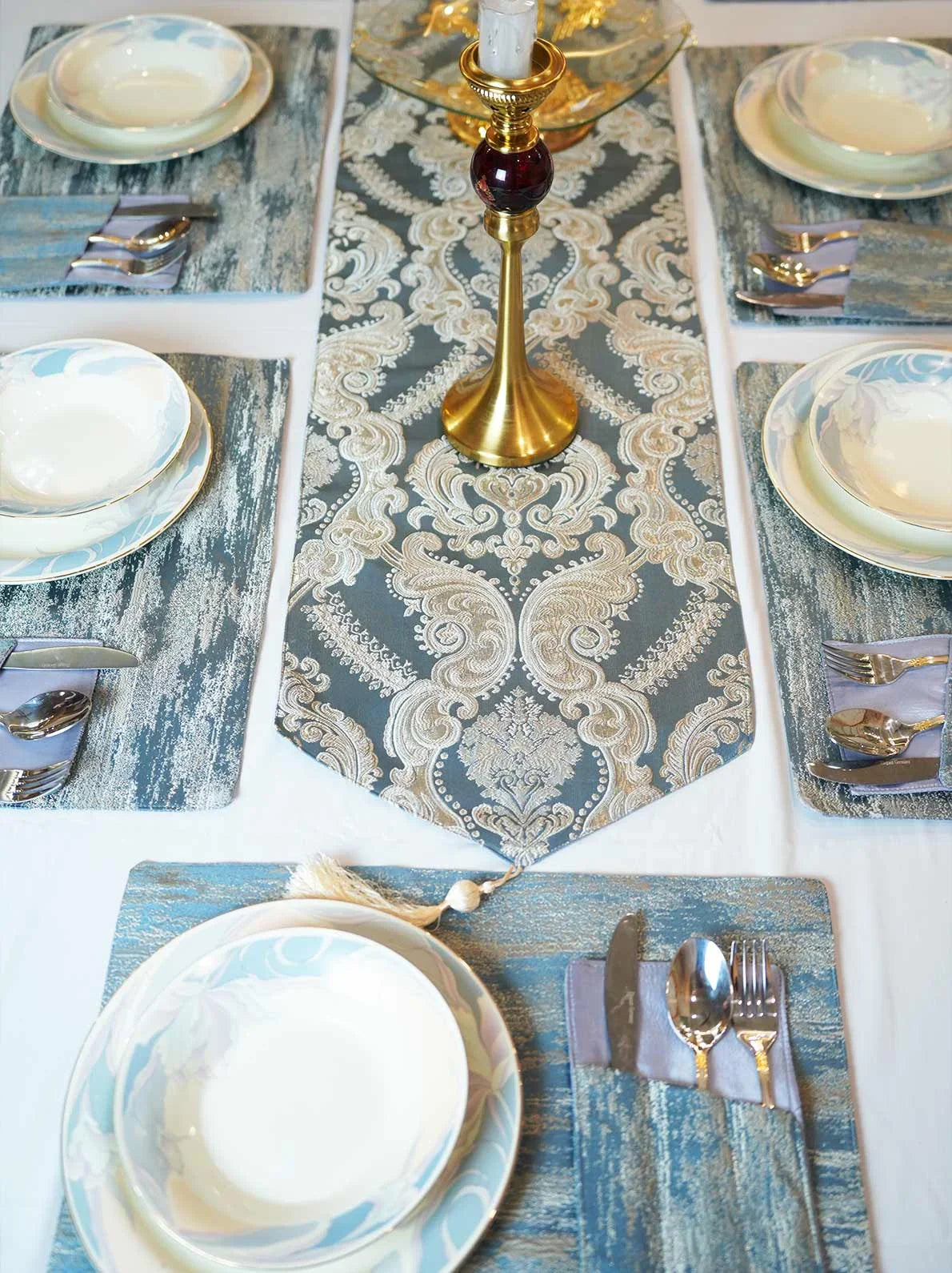 Crown Damask Blue Table Runner Set