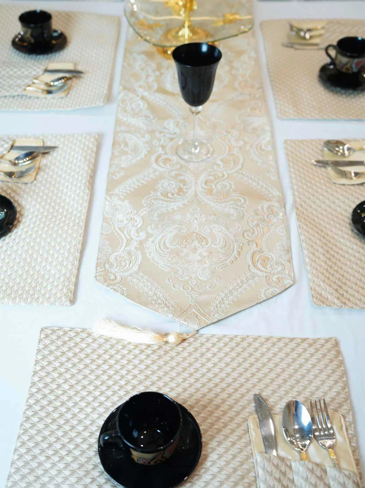 Ivory Damask Table Runner Set