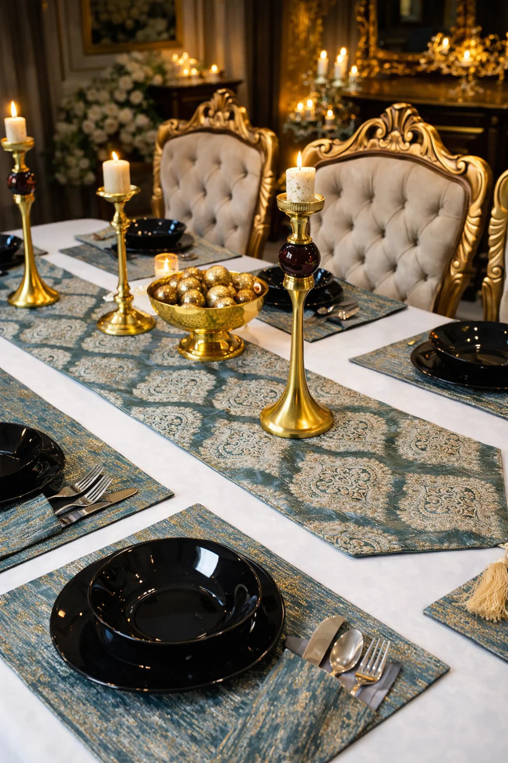 Misty Grey Damask Table Runner Set