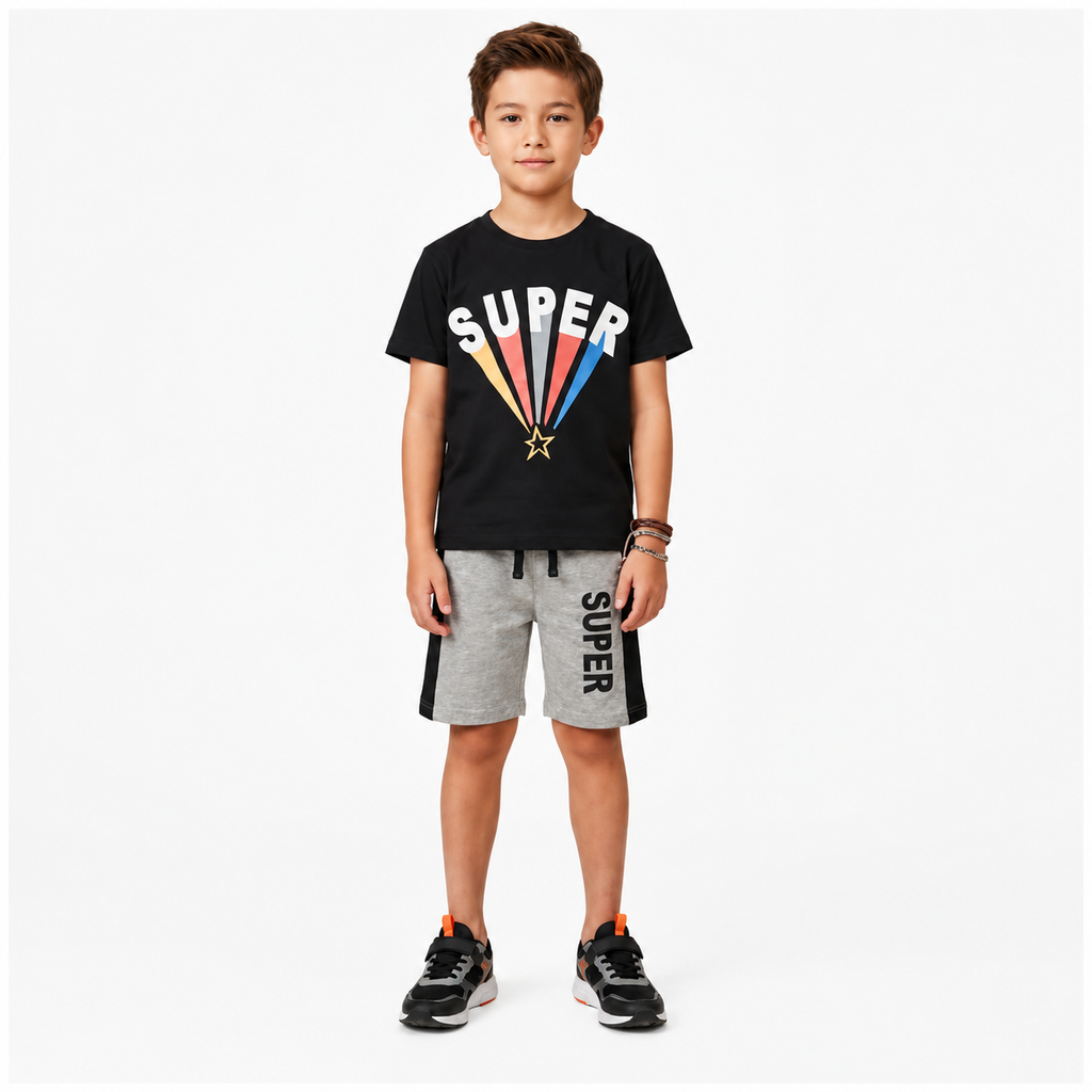 Boys Black & Grey SUPER Printed Short Set