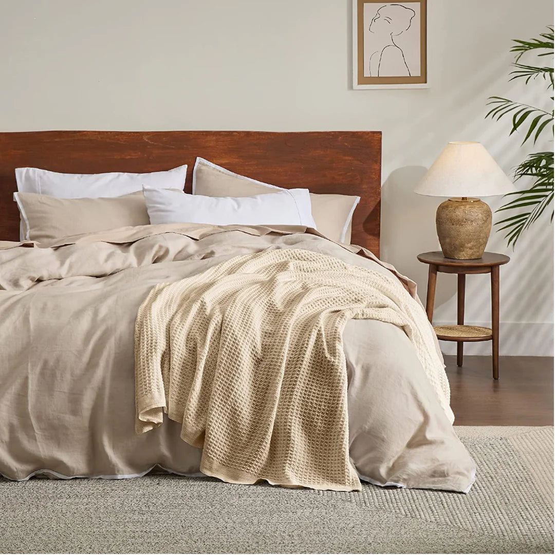 Single Cotton Waffle Blanket - Beige