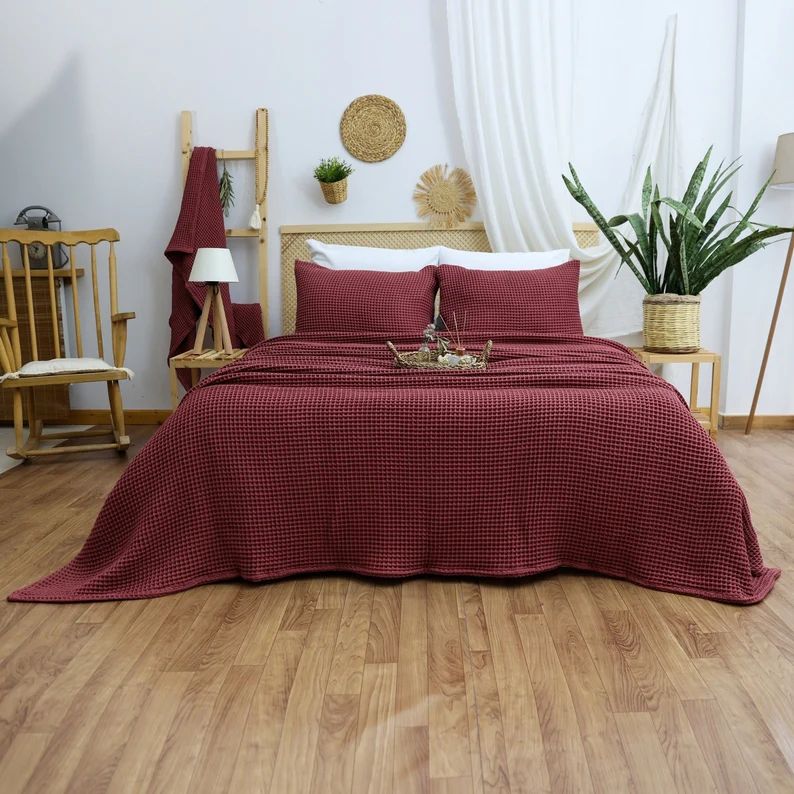 Single Cotton Waffle Blanket - Maroon