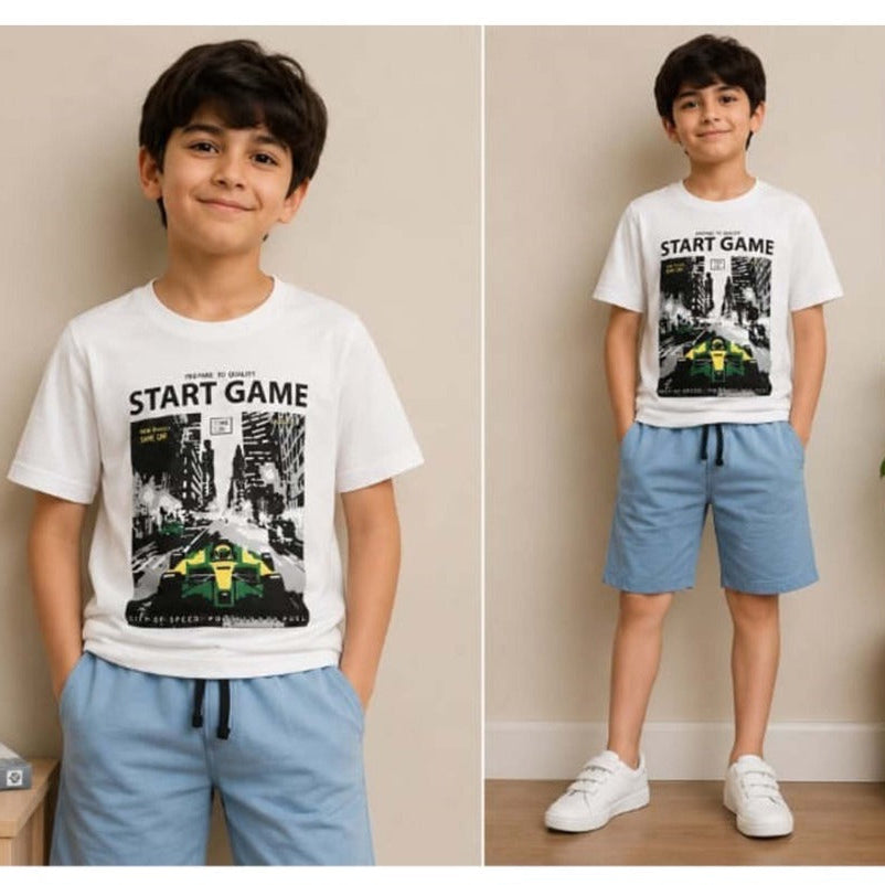 Boys White & Blue Gaming Short Set