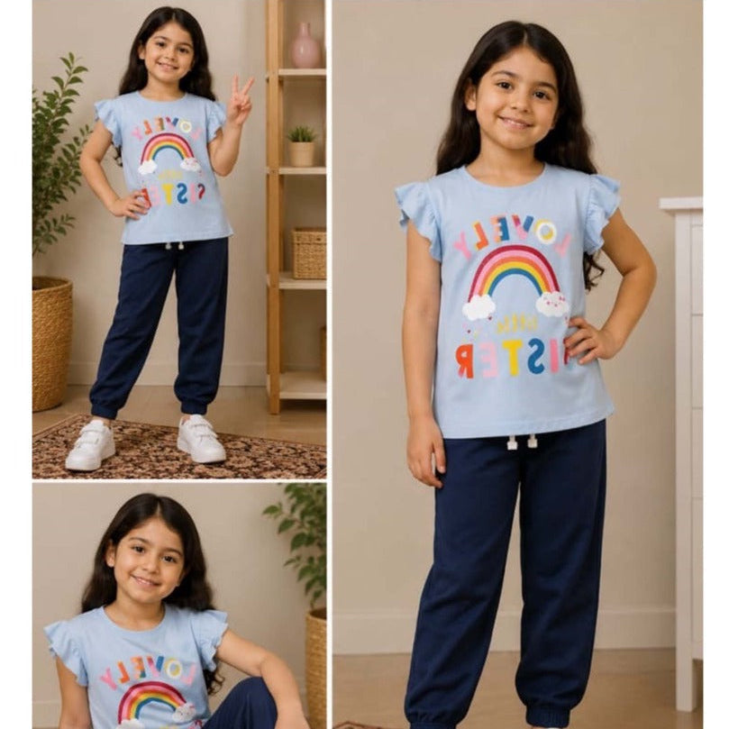 Girls Light Blue Rainbow Graphic Shirt & Trouser Set