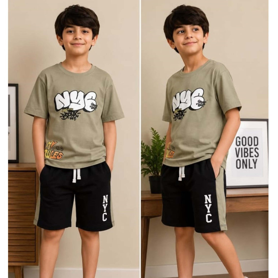 Boys Olive NYC Printed Shirt & Short Set