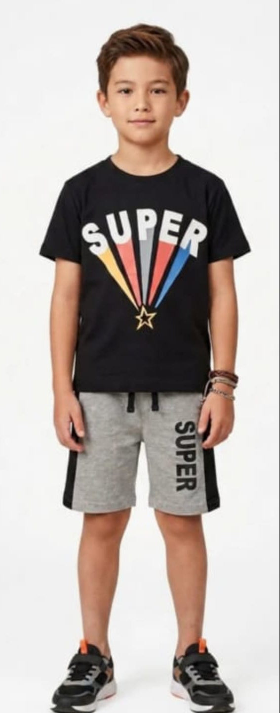 Boys Black & Grey SUPER Printed Short Set