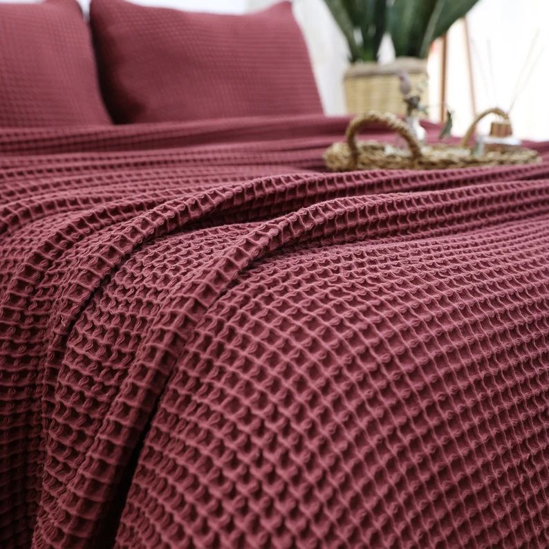 Single Cotton Waffle Blanket - Maroon