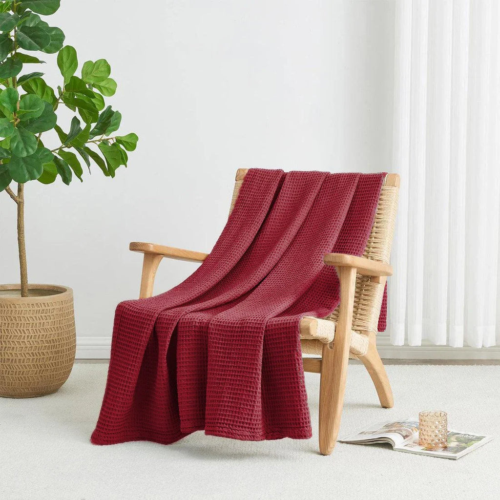 Single Cotton Waffle Blanket - Maroon
