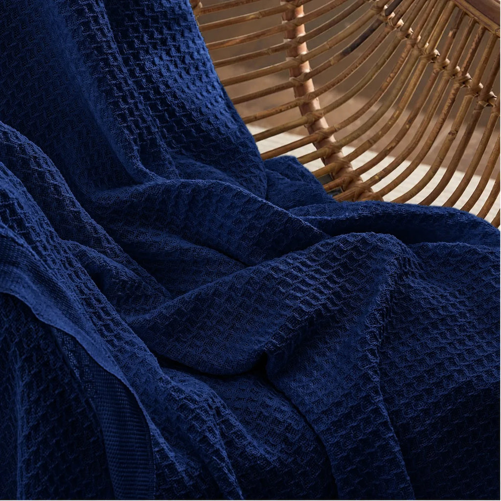 Single Cotton Waffle Blanket - Navy Blue