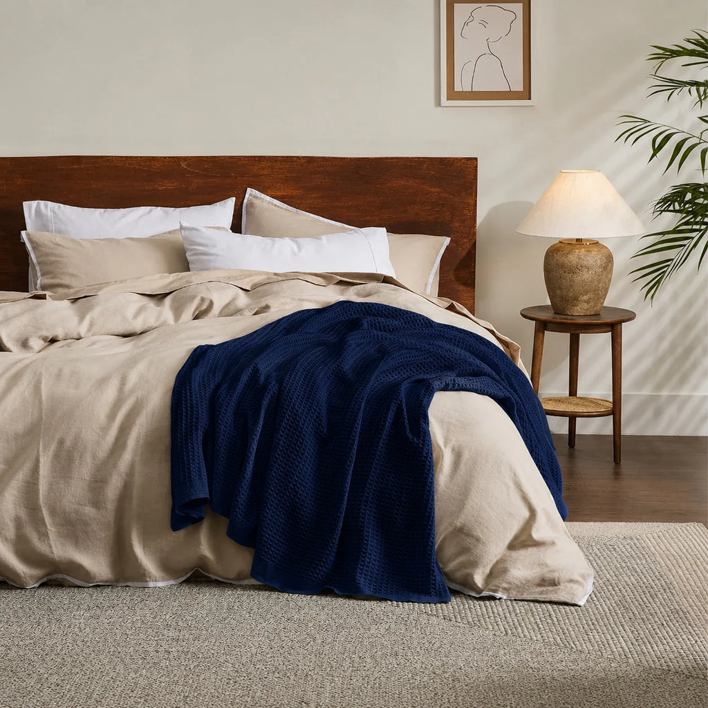 Single Cotton Waffle Blanket - Navy Blue