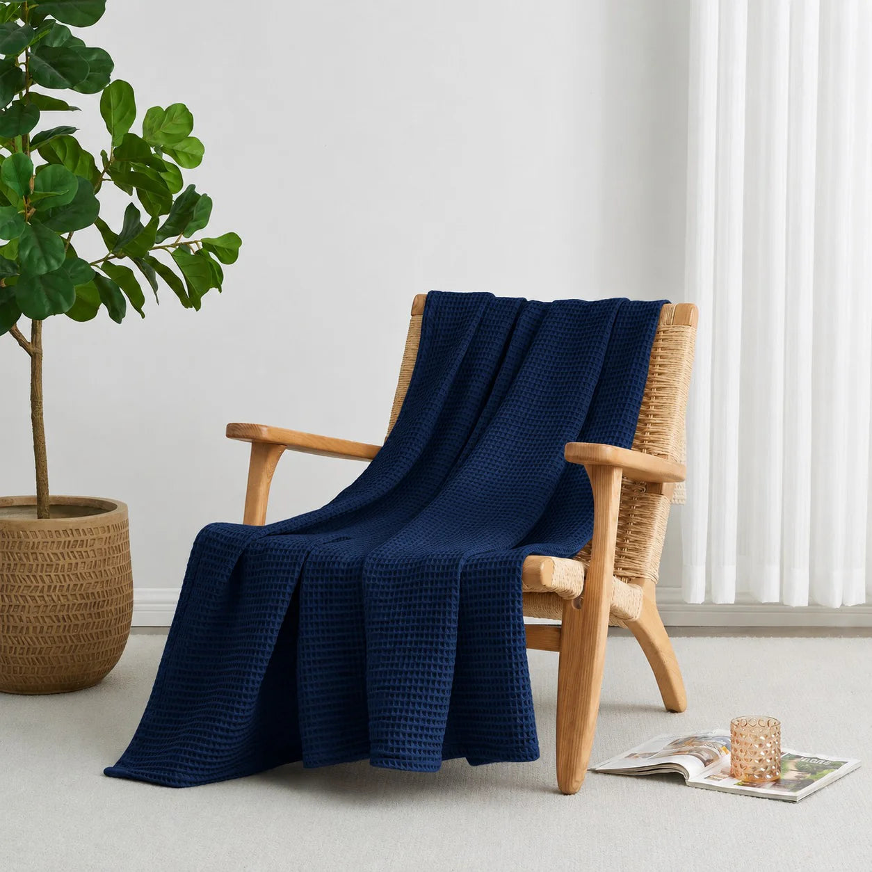 Single Cotton Waffle Blanket - Navy Blue