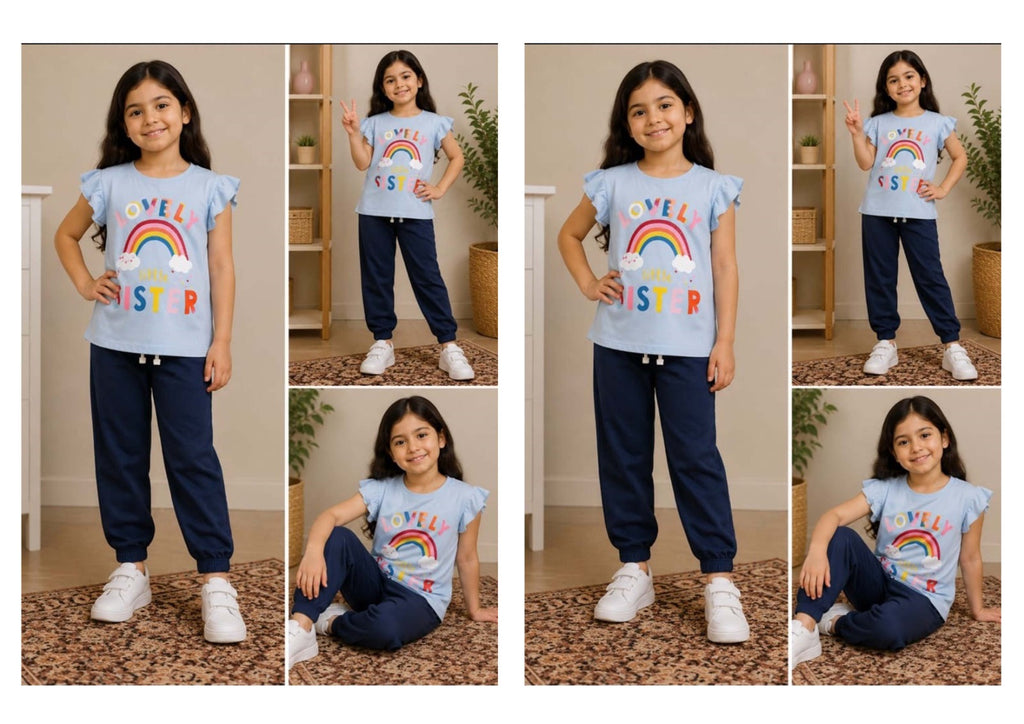 Girls Light Blue Rainbow Graphic Shirt & Trouser Set